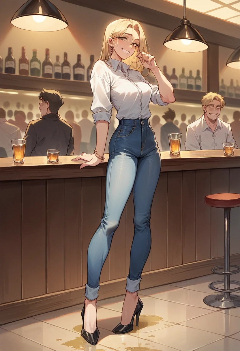 attractive blonde woman wearing black skinny jeans, high heel pumps, white blouse, standing in a crowded bar,  wetting, big smile, pee stains are gleaming wet, 