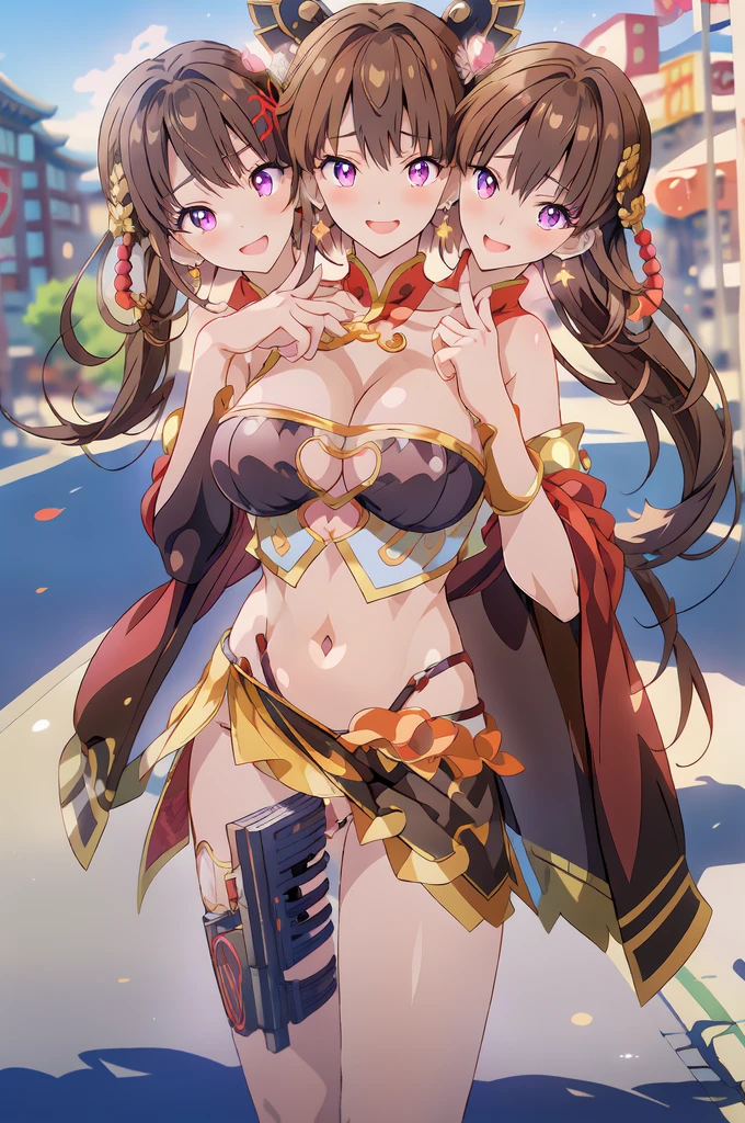 leifang, 1girl, (3heads:1.5), open belly, very huge breasts, (very beautiful eyes:1.5), (very detailed eyes:1.5), exposed midriff, 3heads, three headed girl, girl with three heads, long hair, blush, lipstick, jewelry, earrings, masterpiece, best quality, highly detailed, a anime girls in china dress with navel cutout holding a gun
posing for a picture, navel cutout, crop top, china dress, ecchi anime style, evil smile, open mouth,
smile, anime girls, ecchi style, ecchi, digital anime art!!, in anime style, official artwork, (nsfw) not safe
for work, beautiful anime girl, anime style 4 k, pelvic curtain, exposed belly, exposed navel, exposed
midriff, exposed lower belly, holding a gun, chinatown, outdoor,street,road, 