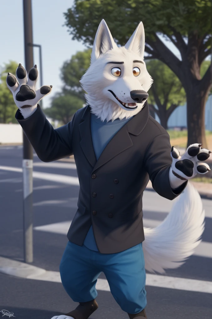 Gary \(Zootopia\), (white body:1.3), White fur, Brown eyes, Zootopia, dressed, Black jacket, canine, wolf, detailed fur, Male, antro, paw pads, finger claws, waving, waving at viewer, 5 fingers, paws, 4 toes,
BREAK from nextel, for dating, by xenoforge, (difficult, high detail, film photography, soft focus, RAW explicit cinema,
photorealism, realistic, photorealistic, analog style, subsurface scattering,
masterpiece, Best quality, ultra realistic, 8 K)