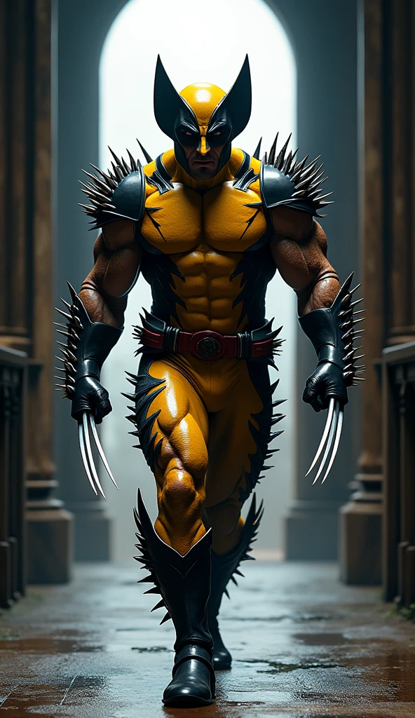 Wolverine character, with colorful uniform full of spikes coming out, coming out of a church, Furthest image from the camera with as much detail and high definition as possible, HD, Realistic. Black color shaded screen background with white.