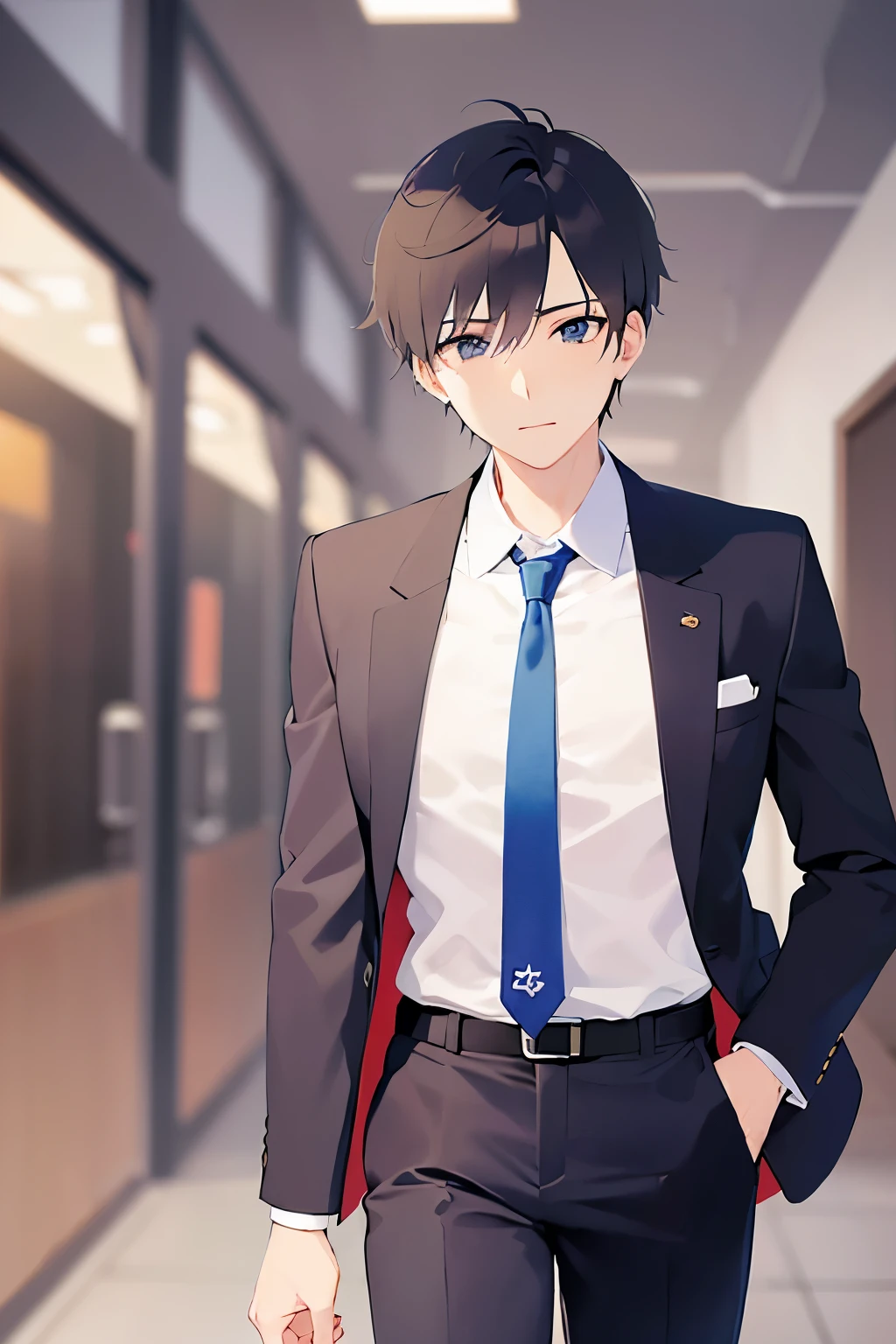 shiny skin, masterpiece、Highest quality、
(2 male:1.5) and (Black short hair) and (blue eyes),
(Wearing a suit:1.5) and (Blue tie)、
Serious,Are standing、The background is the conference room、(alone:1.5)