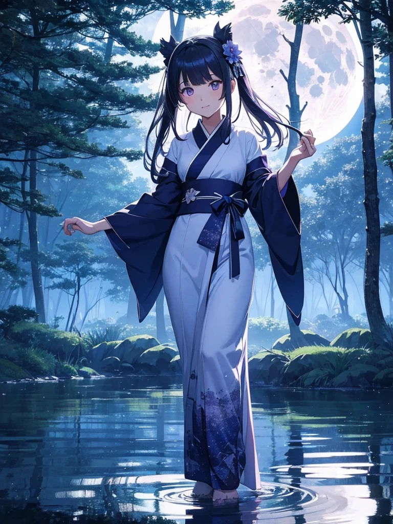 At the edge of a calm lake under the night sky, a purple eyes elegant kimono Lady indulges in the cool, shadowy ambiance. The moon casts a gentle light that barely penetrates the thick canopy of trees surrounding the lake. Shadows dance across the water, creating an almost otherworldly reflection. The girl's expression is serene as she dips her toes into the water, enjoying the cold touch against her skin in the moonlit Brightness.blue World,anime style