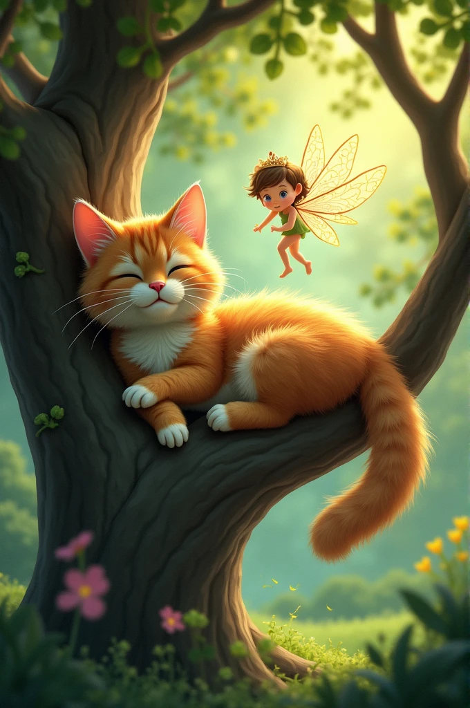 Can you make me a cat that is in a tree and is visited by a little fairy godmother?