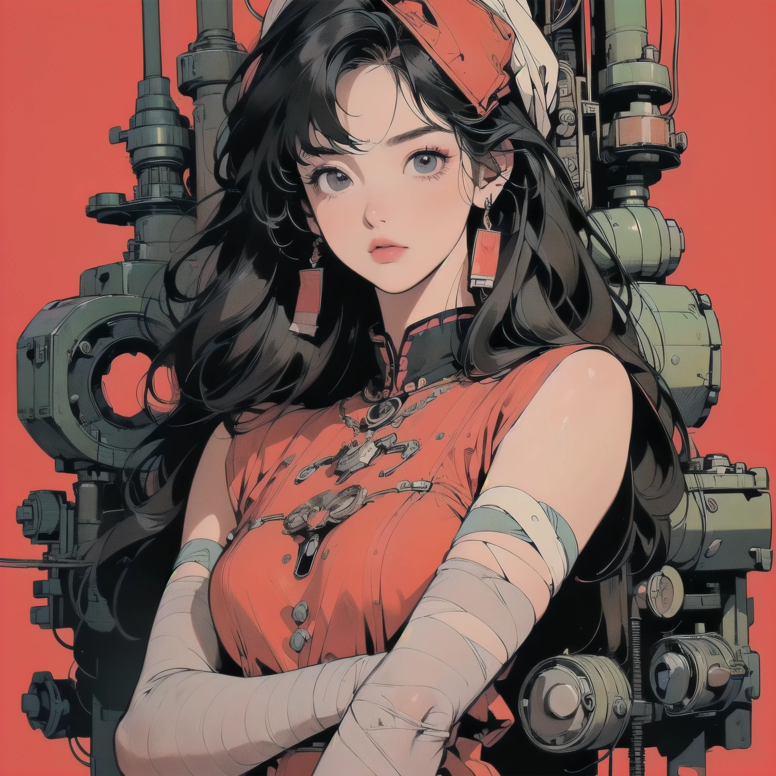 (((masterpiece, Highest quality)))、(((32K Wallpapers)))、The most detailed black machine、((Outdated machinery and a woman)))、The most detailed background、(((small Chest)))、(((Surrounded by many complex, sophisticated, Outdated machinery)))、Upper Body、 (one person:1.2), ((Overall colorfully))、A perfect Outdated machinery、(((Perfect Face)))、(((The most complete Outdated machinery)))、Detailed Hair、 (((Lots of cables)))Close-up、(((own hands together)))、(((A complex and huge engine)))、((Only red background)))、(((Bandages on head and arms)))