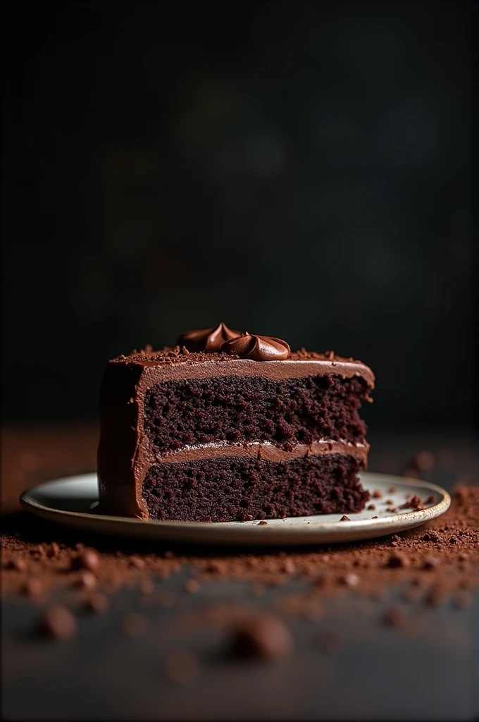 cinematic film still chocolate, chocolate cake, dark background, quality photo, moist texture, frosting, studio photo, slice . shallow depth of field, vignette, highly detailed, high budget, bokeh, cinemascope, moody, epic, gorgeous, film grain, grainy