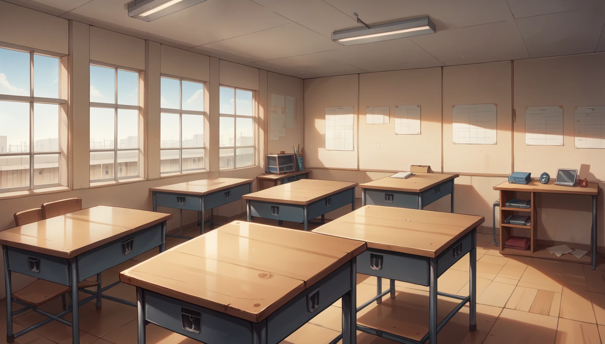 "A spacious, modern classroom with large windows along one wall, flooding the room with natural light. The walls are painted in neutral tones, and the floors are made of polished wood or sleek tiles. Desks are arranged in neat rows, each with ergonomic chairs, and there's a large interactive whiteboard at the front of the room. Shelves along the back wall hold neatly organized books and supplies, while the teacher's desk is sleek and minimal, with just a computer and a few papers. The room has a few motivational posters on the walls, and the overall atmosphere is bright, organized, and conducive to learning."