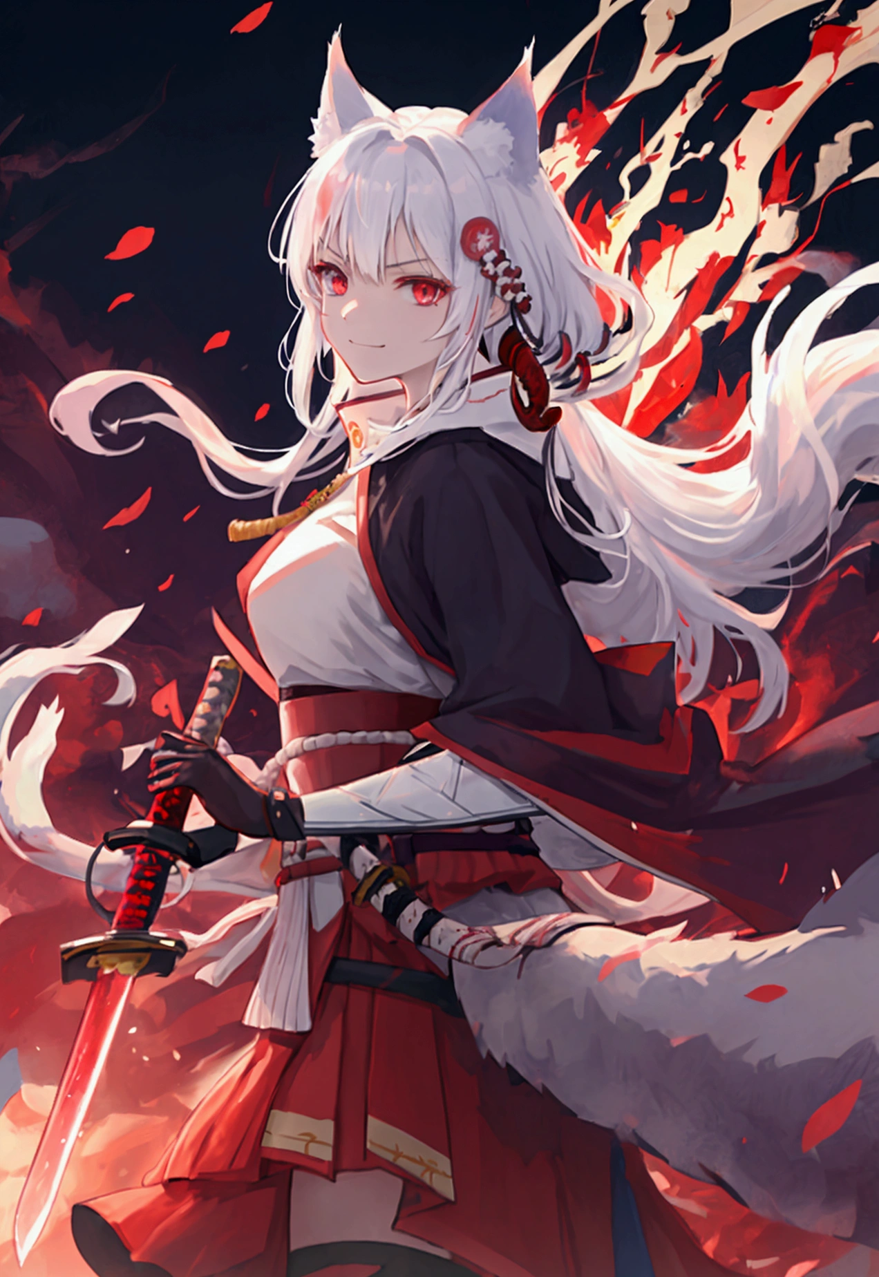 fox Light blue hair 　beast girl　indigo fur　fox beast girl　Sesshomaru, Yellow eyes, Anime, Perfect face, Perfect Lighting, Outdoors, Warm colors, Dark purple sky, Autumn sunset,  \(inuyasha\), Bearing Claw, Ready to fight　wave, koi fish, anime artstyle, wide view, fluffy. yellow  fox, marking under the eyes, crystal antler ,violet eyes, wearing bandanna, flower petals, Ambient light，Ultra-fine fur，volumettic light，natural  lightting，fox tail，nevando，35mm。High quality, high detal, Best quality, hyper HD，individual，Single(Cat's ears:1.3),(Sky Eyes 1.3),(Face Focus:1.3), (angry, Smile:1.3),(Gentle face:1.3),(long white hair:1.3), hair messy, Red Eyes,red eyes,Red Eyes(Eyes are red:1.3), (perfectly detailed eyes:1.3),Dynamic Angle,Black kimono,Black Hakama,Her skin is white,Red lightning,Red thunder, Swirling rainbows and lights on complex background、It enveloped me like a serpent in an interstellar wind,(Dual-wielding combat pose:1.3),(The red glowing samurai sword:1.3),(A sword shining in red lightning:1.3),She has a samurai sword,dual-wielding,Unleash the Blade of Light,Highest Quality, (Red cloak with war maiden decoration:1.3),Raise the railgun, ((sanpaku))((Proud)), (Blue glowing thunder sword:1.3),(Fiery Red Sword:1.3),Blade of Light,Lens Flare, Big rainbow,The moon shines,Star chips, bloom, ((light glow)), chromatic abberation], Digital Painting, Insane details, Intricate details, Beautifully color graded, Unreal Engine, Cinematic , colour grading, Editorial Photography , Photography, Photo Shot, Canon 5D Camera Photography,Shot on 70mm lens, Depth of subject, ultra sharpness, nffsw, octane, Unreal, Dramatic light, Global Illumination,Motion Picture Film,rainbow,lensflare,(Moonlight Art:1.3:1.3),(Sengoku:1.3),(Agfacolor:1.3),(close portrait:1.3),(Feminine:1.4),(Beautiful:1.4),(Attractive:1.3),Move an angle,Themed Background,