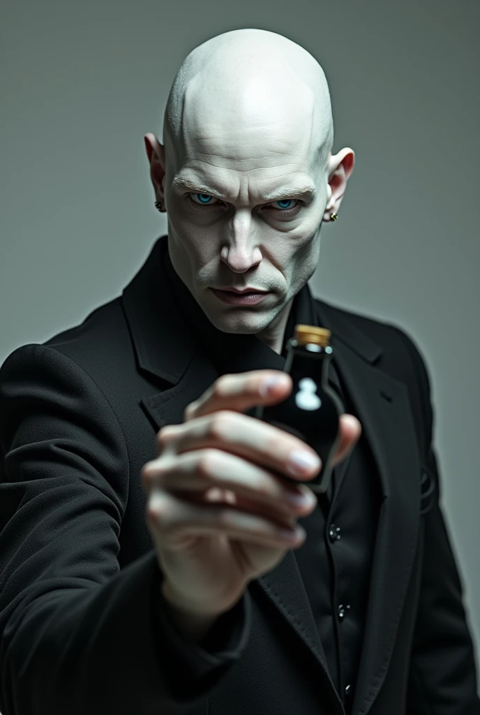 Black hair and blue eyes、Realistic white skin man, he is elegant, Intimidating face with no hair, beautiful. He is holding a bottle of black liquid in his hand.. smile、Happy expression