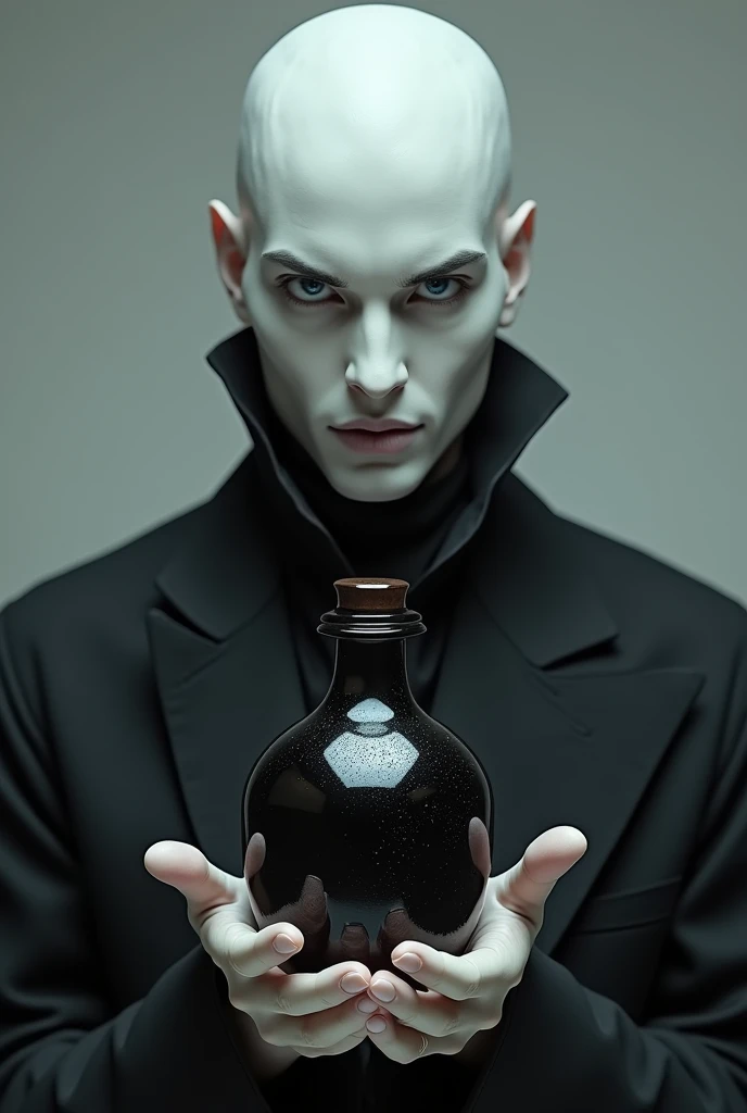 Black hair and blue eyes、Realistic white skin man, he is elegant, Intimidating face with no hair, beautiful. He is holding a bottle of black liquid in his hand..　smile、Happy expression