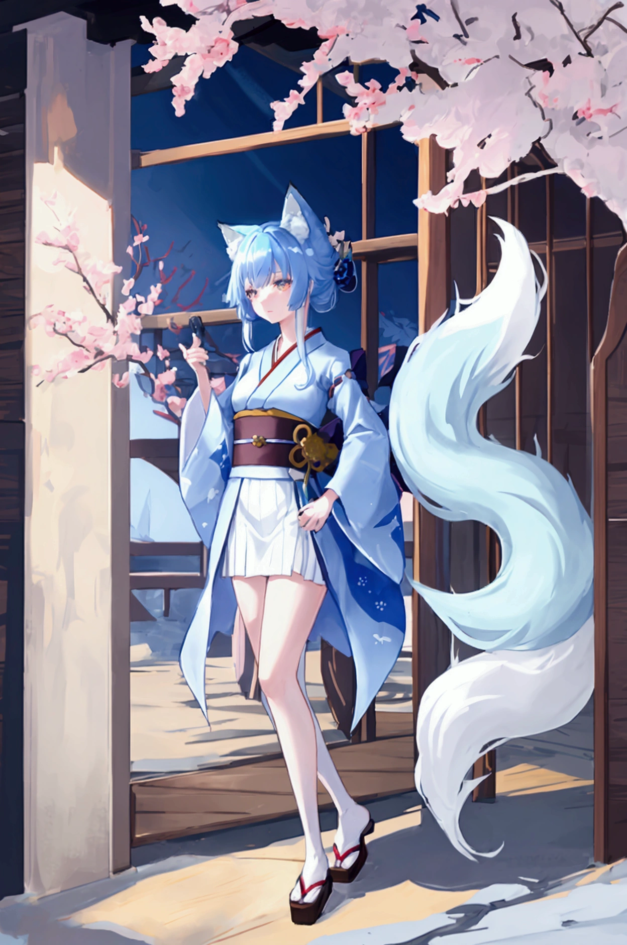 fox Light blue hair 　beast girl　indigo fur　fox beast girl　fox Light blue hair 　beast girl　indigo fur　fox beast girl　Wallpaper 4k,8k,highly detailled,,vivid colors,detailed kitsune with 9 tails,traditional Japanese artwork,tatami floor,beautiful cherry blossoms,floating lanterns,dark silhouette of a pagoda,subtle moonlight,dense forest,ethereal atmosphere,dappled sunlight,whimsical spirit,serene expression,elaborate kimono and obi,delicate hand-painted details,luminous eyes　Anime Style　fox　blue　White-faced golden-haired nine-tailed fox　Coat blue　　　mysterious background　Blue Flame　girl　have a ball of light Anime Style　fox　blue　White-faced golden-haired nine-tailed fox　Coat blue　　　mysterious background　Blue Flame　girl　have a ball of light