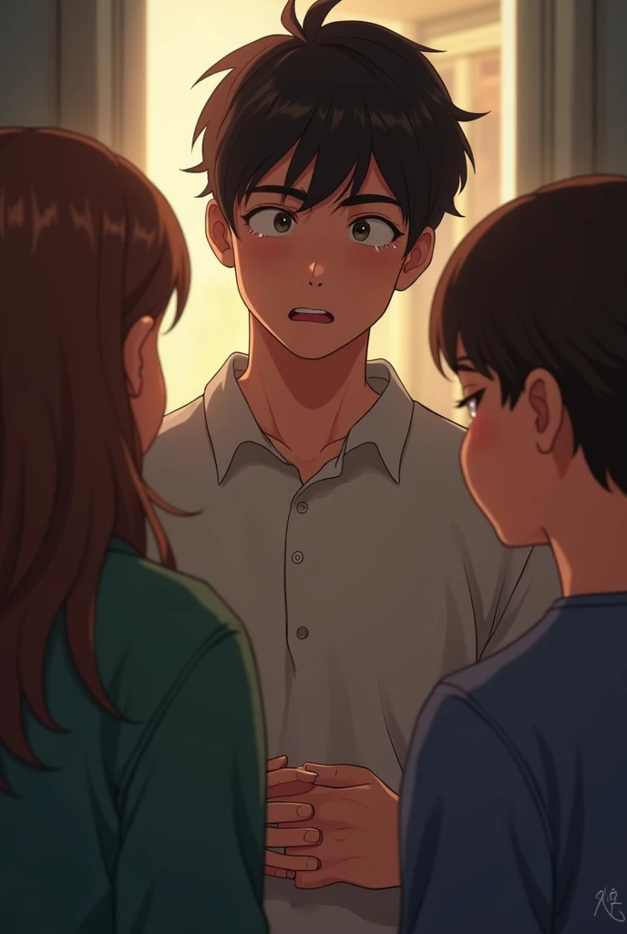 Creates a young man admitting his guilt in front of his friends