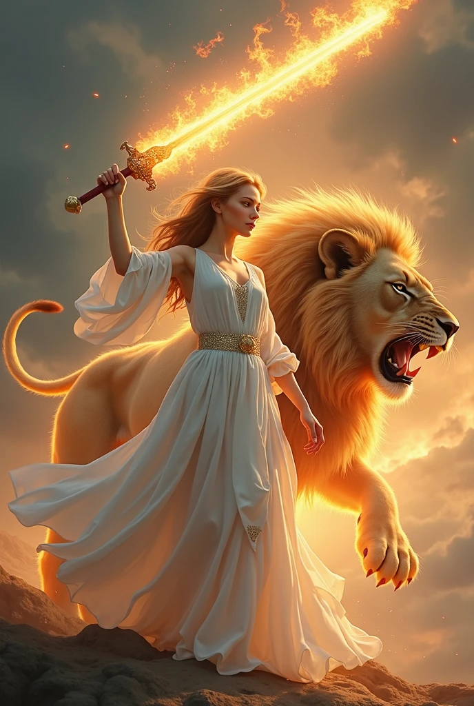 Woman in white with a flaming sword and a roaring lion behind her