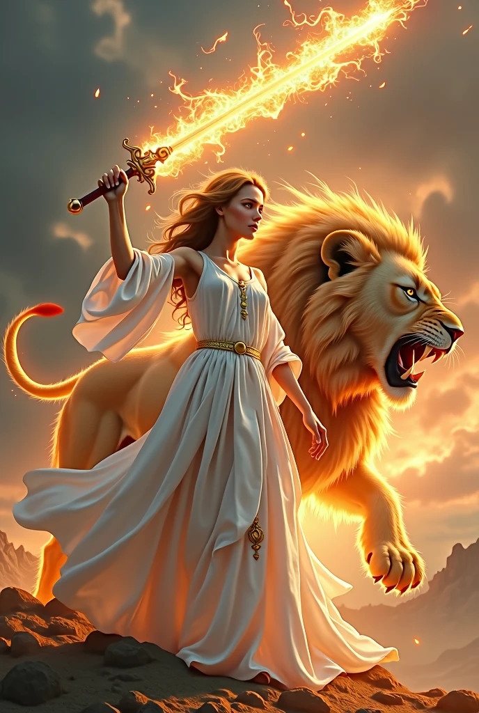 Woman in white with a flaming sword and a roaring lion behind her 