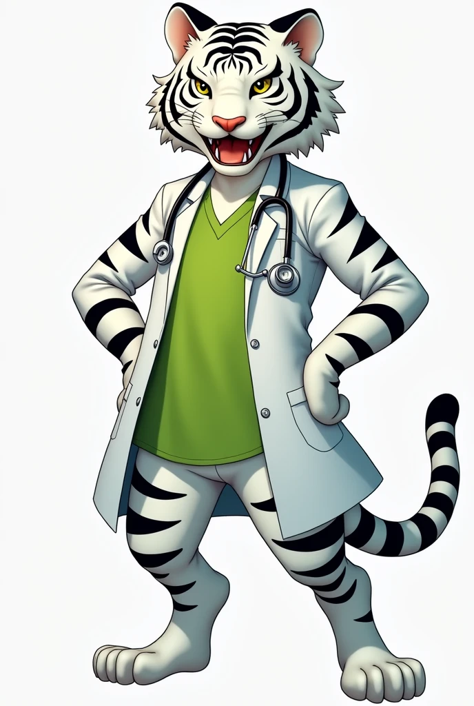 White tiger doctor with lime green shirt and white coat and stethoscope Could you make it anime style please, a little aggressive, not much, with a style more like an Olympics mascot You could make it thinner Striped hands please already full body, not so humanized A body completed please I love it, Could you make the stripes in black please?
