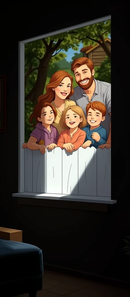 Use the man in the inspiration image, insert a woman into the scene, his wife and 3 children, everyone smiling like a happy family, use a house and trees as a background, maintain the drawing style of the reference image