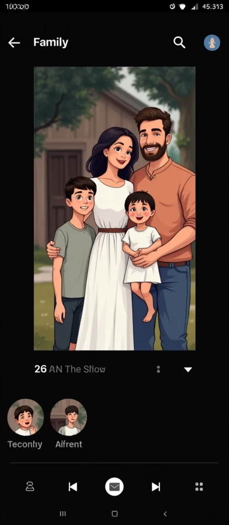 Use the man in the inspiration image, insert a woman into the scene, his wife and 3 children, everyone smiling like a happy family, use a house and trees as a background, maintain the drawing style of the reference image 