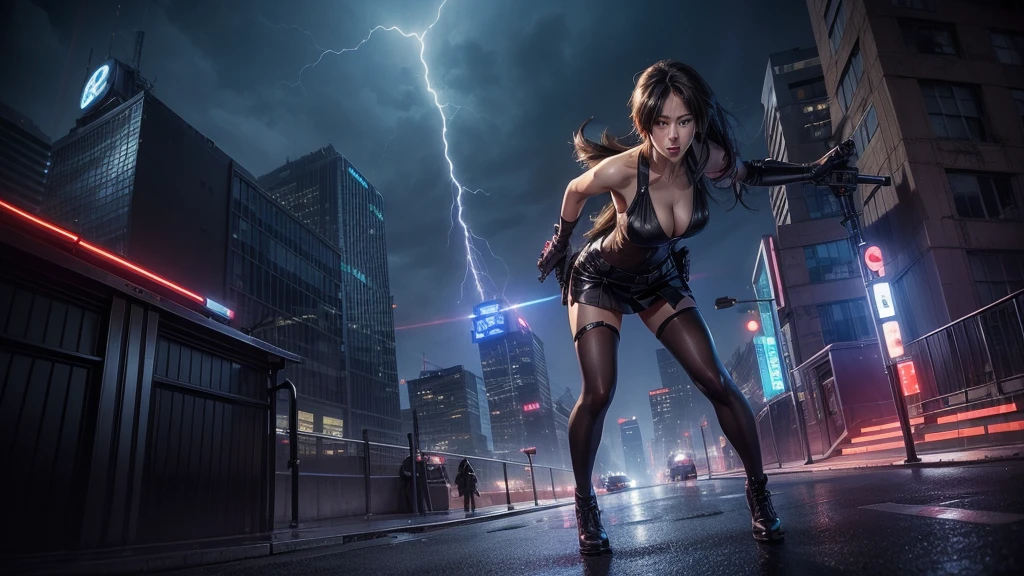 (Wide angle view). City Hunter style city, simple outlined neon tall buildings, glowing giant clock tower, helicopter, lightning, 3D rendering Beeple. At night, (1 girl as Kaori in City Hunter, solo, alone), photorealistic, medium-breast slim:0.6 body, oval:0.5 face, cleavage:1.1, sexy costume with deep-v, low view pleated miniskirt, glove, (Matrix style black micro sunglasses), ((aiming viewer with a short gun)), (running pose), (half-body thigh level close-up shot), cinematic lighting, ray tracing.