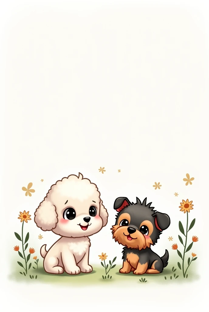 Prompt for illustration:

    styled: Chibi Characters:
        Little puppies:
            White Poodle with Black Eyes.
            Short-haired and spiky Yorkshire. Brown fur with some black and gray. She is a little smaller than the poodle.
    Scenario: White background with subtle nature elements, like green leaves, small shrubs and maybe some flowers.