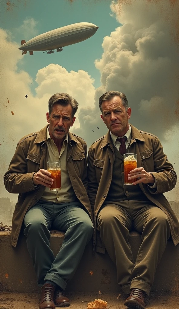 Create a vintage picture of two men wearing white t-shirts, one of whom is emitting brown liquid like vomit with a concerned expression and has been drinking iced tea and is in a very worrying and drastic condition. sitting next to another man while holding a glass filled with iced tea, the surrounding area is like a war that looks like the destruction of a village. with a background like a Zet plane above the clouds and like going to war, showing smoke rising from below, textured and very dramatic and hysterical.