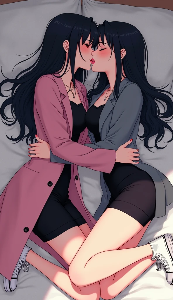 Two young womens, long black hairs, yuri, lesbian

The first young women black eyes wear a pink coat, black shirt, black pencil skirt, black underpants, black tights, white socks, white sneakers high top.

The second young women black eyes wore a grey coat, black shirt, black pencil skirt, black underpants, black tights, white socks, white sneakers high top.

french kiss, lesbian kiss, kissing, hugging, sensual body, closed eyes, lying on the bed, cartoon novel, 4K, HD