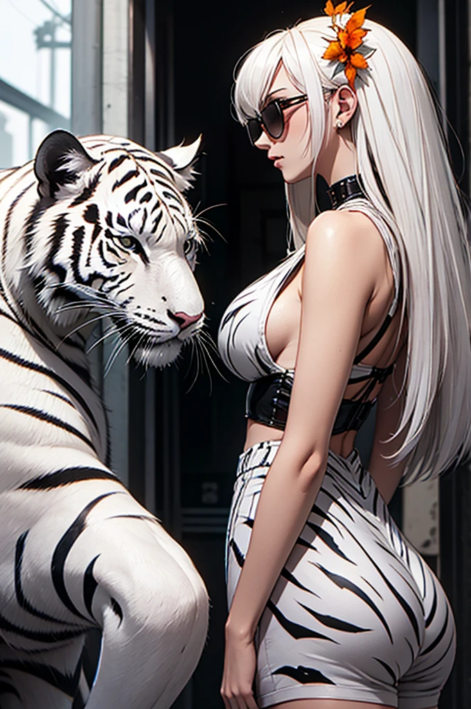 cyber punk, Frank Frazetta style, Perfect composition, One Woman, alone, Mature Woman,White Tiger Theme, Please raise your hand, Please raise your knees, stop temporarily, Low angle close up shot, Strong bloom in the background, Shine, Soft pink edge light, length, spiky white hair, White tiger ears, ((Big tits beauty))White tiger tail, White tiger fur stockings, small Shineing orange sunglasses, White tiger stripes, Perfect hands, High Contrast, Enhanced brightness, Strong top-down lighting