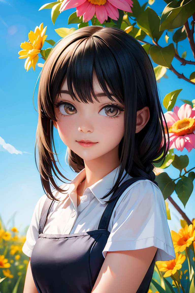 A portrait of an girl with simple black hair, wearing a school dress, standing in a sunlit garden with vibrant flowers and a clear blue sky. The image should be in high resolution, capturing the details of her joyful expression and the bright colors around her big head , small lower body , charming cute face , tann face