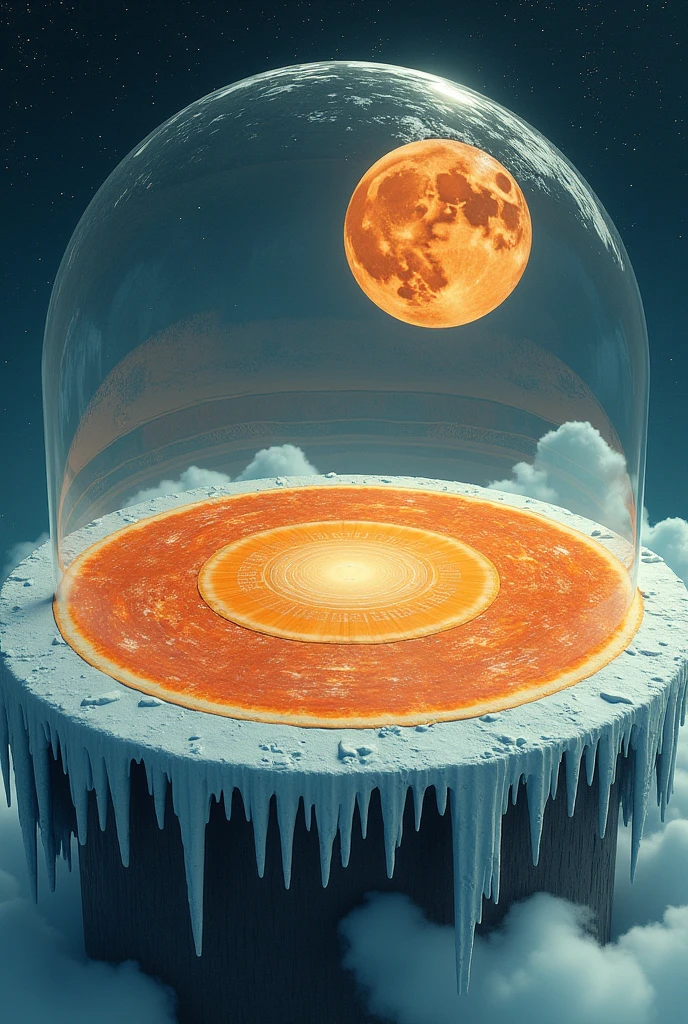 Flat Earth shaped like an orange band with ice edges and a transparent dome with sun and moon