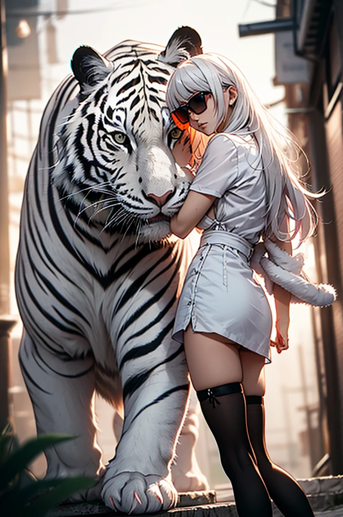 cyber punk, Frank Frazetta style, Perfect composition, One Woman, alone, Mature Woman,White Tiger Theme, Please raise your hand, Please raise your knees, stop temporarily, Low angle close up shot, Strong bloom in the background, Shine, Soft pink edge light, length, spiky white hair, White tiger ears, ((Big tits beauty))White tiger tail, White tiger fur stockings, small Shineing orange sunglasses, White tiger stripes, Perfect hands, High Contrast, Enhanced brightness, Strong top-down lighting