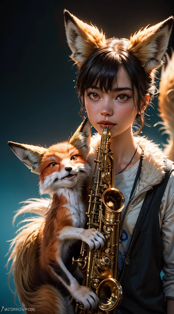 (((disney pixar-style anthropomorphic fox:1.5),playing jazz saxophone,cool,hip background),(best quality,4k,8k,highres,masterpiece:1.2),ultra-detailed,(realistic,photorealistic,photo-realistic:1.37),vibrant colors,dramatic lighting,intricate details,cinematic composition,dynamic pose,beautiful fur textures,expressive facial features,depth of field,cinematic lighting,professional photography