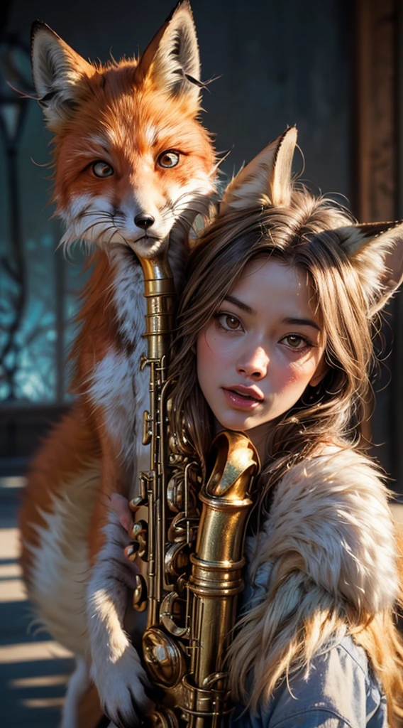 (((disney pixar-style anthropomorphic fox:1.5),playing jazz saxophone,cool,hip background),(best quality,4k,8k,highres,masterpiece:1.2),ultra-detailed,(realistic,photorealistic,photo-realistic:1.37),vibrant colors,dramatic lighting,intricate details,cinematic composition,dynamic pose,beautiful fur textures,expressive facial features,depth of field,cinematic lighting,professional photography
