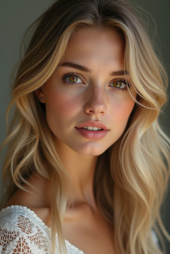 german girl with oval face, hazel eyes, long wavy blonde hair, pretty girl