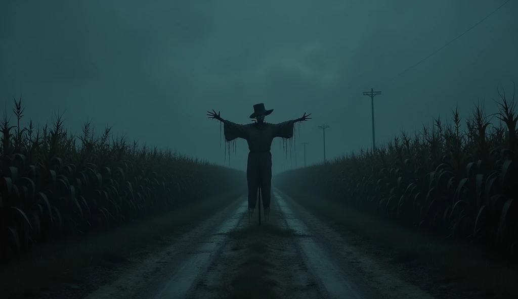 illustration of a dirt road in a cornfield, where mysterious and dark things happen,make a scarecrow inside the cornfield looking at the road, it's completely dark because it's night, use dark and somber tones, make an image to convey fear, extremely detaild, photoshot_\( ultra\), photoshotrealisitic, realisitic, Post-processing, Maximum details, roughness, real-life, ultrarealisitic, photoshotrealism, photoshotgraphy, 8k hd, photoshotgraphy