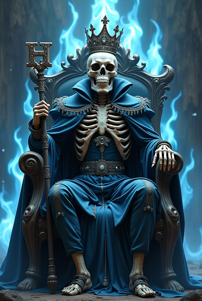a king, made of macabre and fanciful skulls sitting on a throne of bones and diamonds with a cane with the initial of the letter H, with blue and white fire