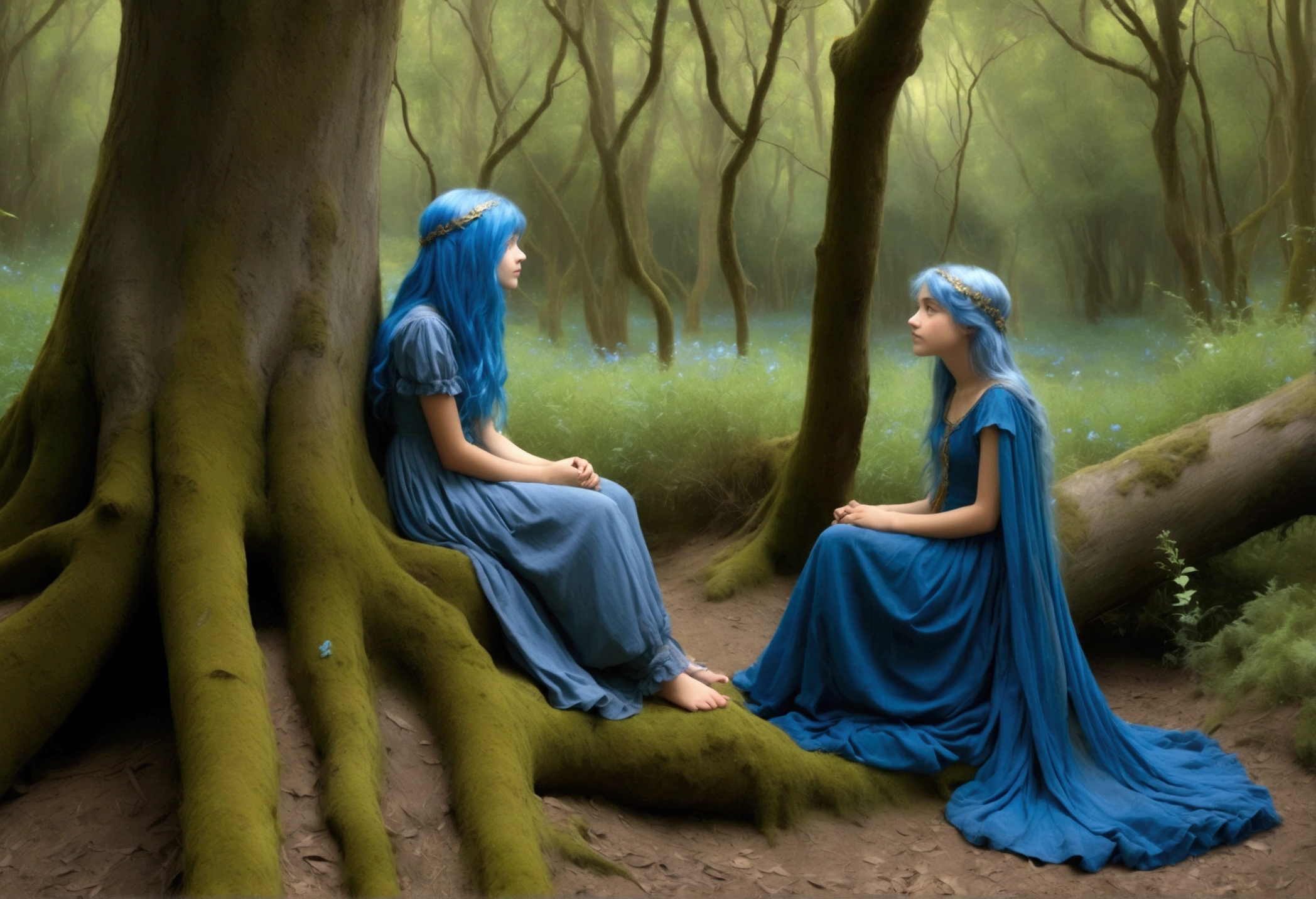 Girl, teenager in a forest, blue hair flowing, blue clothes as if out of a fairy tale, face with an expression of happiness, talking to another girl (looking sad) who is sitting on the edge of a tree ((Gustave Dore style )). High quality, perfect outlook,