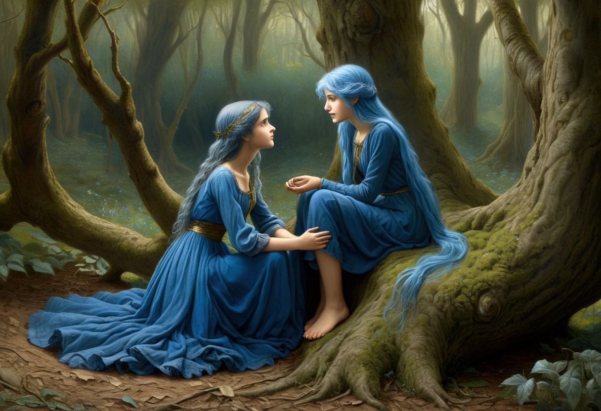 Girl, ager in a forest, blue hair flowing, blue clothes as if out of a fairy tale, face with an expression of happiness, talking to another girl (looking sad) who is sitting on the edge of a tree ((Gustave Dore style )). High quality, perfect outlook,