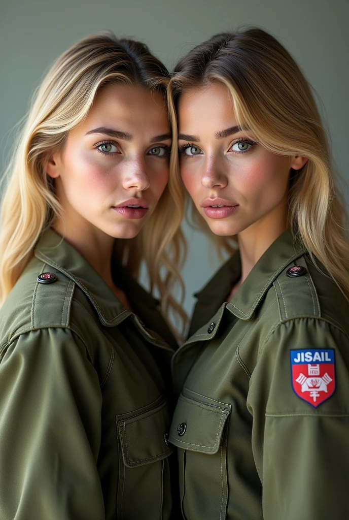 two israeli IDF soldiers with army uniform flashing , cute, blonde, detailed eyes, mesmerising
