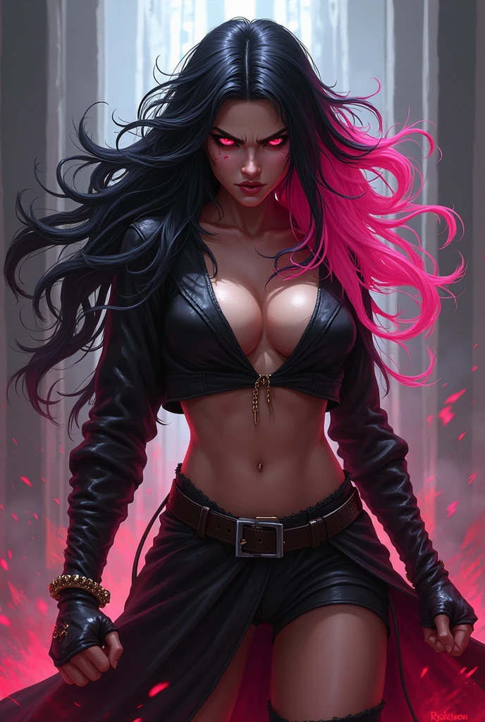 Of Demon Slayer black and pink hair with red eyes and angry woman