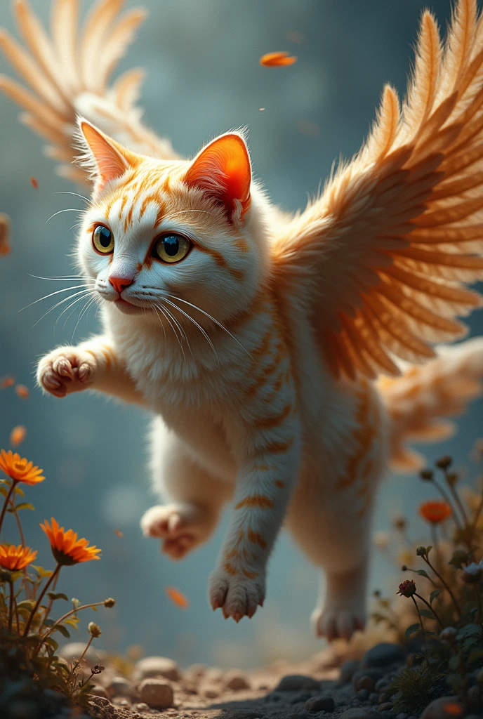 masterpiece、 Highest quality, Highest quality, Highly detailed、8k、 High resolution, Mixed Bodies、Cat、owl、Run、