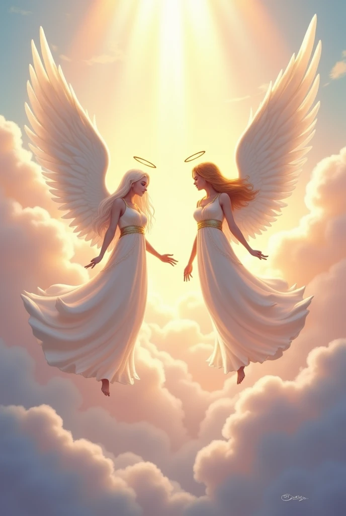 "Create a serene and celestial scene featuring two majestic angels in a radiant sky at dawn. The angels should have large, feathery wings that glow softly, with one angel hovering above the clouds and the other gently descending. They are dressed in flowing white robes with golden accents, and their halos shine with a warm, divine light. The background includes a pastel-colored sky with hints of pink, orange, and gold, as the first light of dawn breaks. Below, soft clouds swirl, giving the scene a heavenly, peaceful atmosphere."