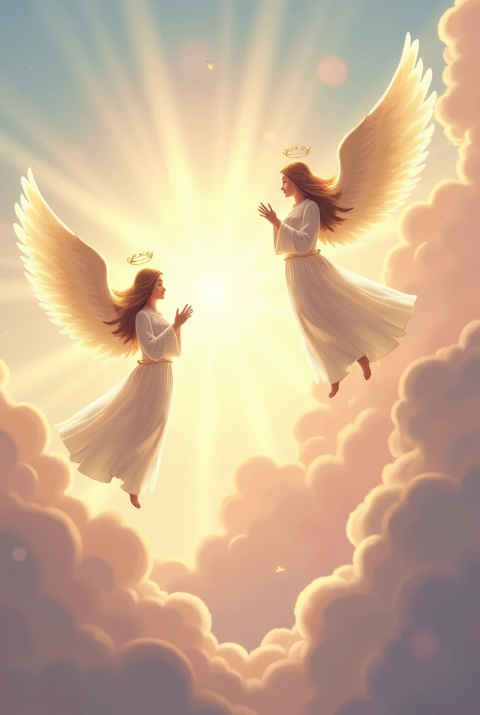 "Create a serene and celestial scene featuring two majestic angels in a radiant sky at dawn. The angels should have large, feathery wings that glow softly, with one angel hovering above the clouds and the other gently descending. They are dressed in flowing white robes with golden accents, and their halos shine with a warm, divine light. The background includes a pastel-colored sky with hints of pink, orange, and gold, as the first light of dawn breaks. Below, soft clouds swirl, giving the scene a heavenly, peaceful atmosphere."