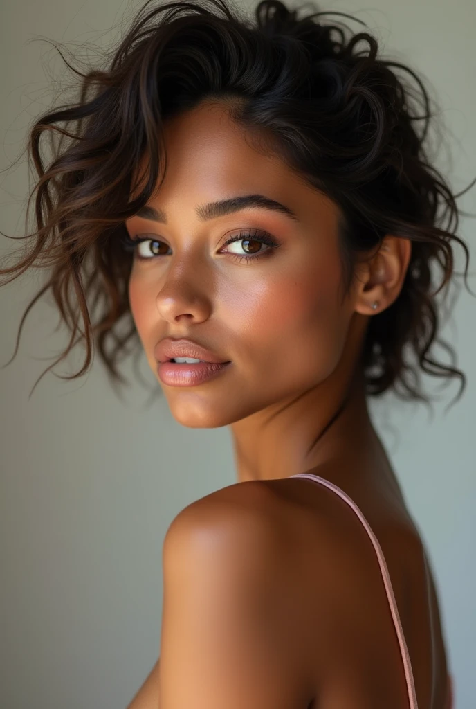 A young adult lady with caramel skin (South African mixed race )dark hair beautiful clear skin with eye brows with matches her face and natural lashes with pitch black her looking like a model yet all natural with no makeup and brown eyes with a beautiful jawline Instagram model head profile picture making it look as realistic as possible (human being)