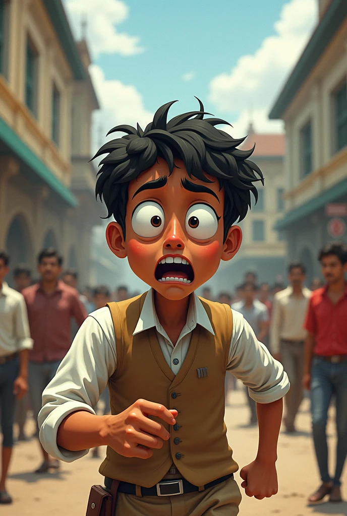 A humorous scene of Khudiram tossing a bomb but slightly missing his target, with an exaggerated "Oops!" expression on his face, a British magistrate far in the background. generate Historical images of ratio 9:16