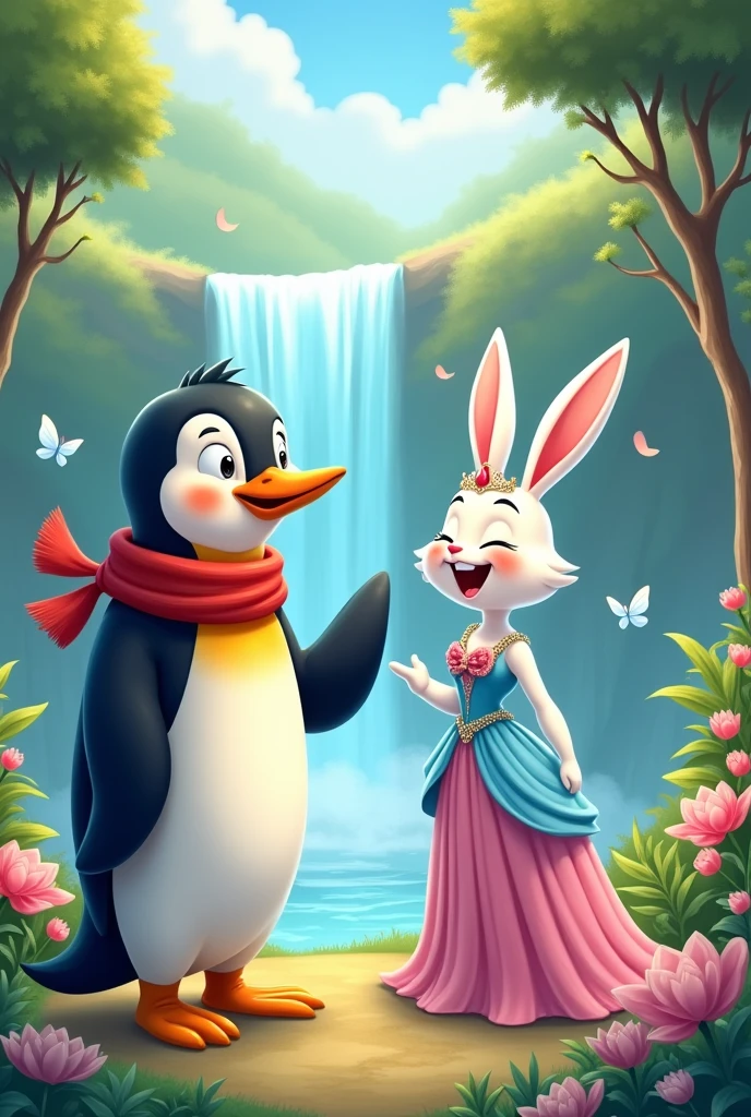 A tall penguin with read scarf in his neck. Penguin is with a tall white female rabbit. Female rabbit is white and wearing a gown of blue and pink shades and have a crown tiara on her head. Female rabbit is beautiful and is smiling. Penguin is looking at the rabbit and talking excitedly and the rabbit is laughing. In the background there should be a waterfall and trees and flowers. 2 butterflies fluttering. Cartoon illustration, fairytale background

