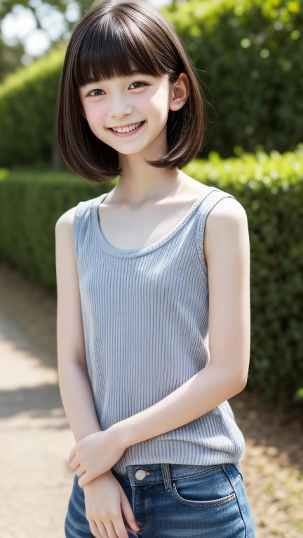 (((Japanese)))() ((((9-year-old girlole body写真 Full Shot Medium Short Hair A low ponytail whole body Thighs Casual wear 濡れてSee-throughる服 Tank top ((濡れてSee-throughる))See-through short skirt cute (smile) Sandy Beach (((See-through))) between legs Spread your legs Spread your legs Raise your arms up