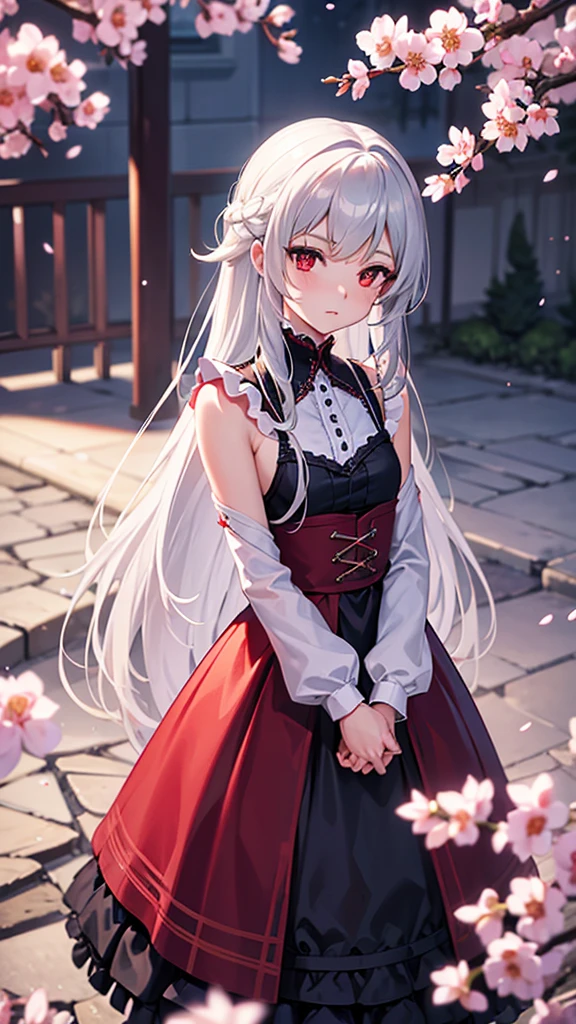 16K Description: masterpiece, best quality, intricate, long hair, silver hair, red eyes, dress, frills, gothic, arms crossed behind back, outdoor, cherry blossom, depth of field 
outdoors, cherry blossoms, depth of field, outdoor