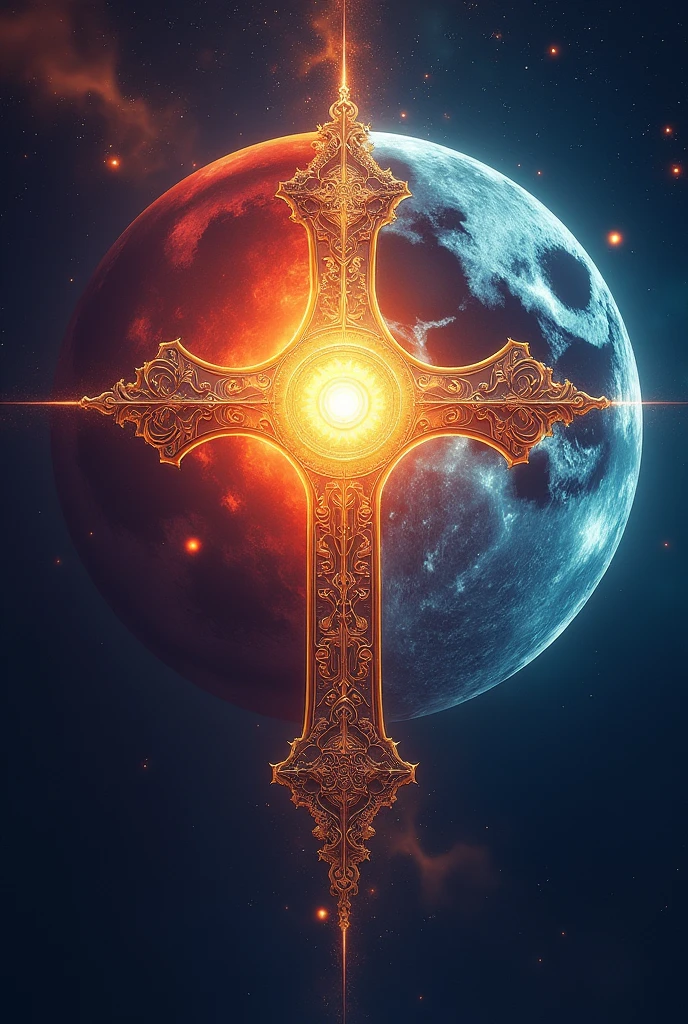 The moon and the sun colored with a cross in the middle