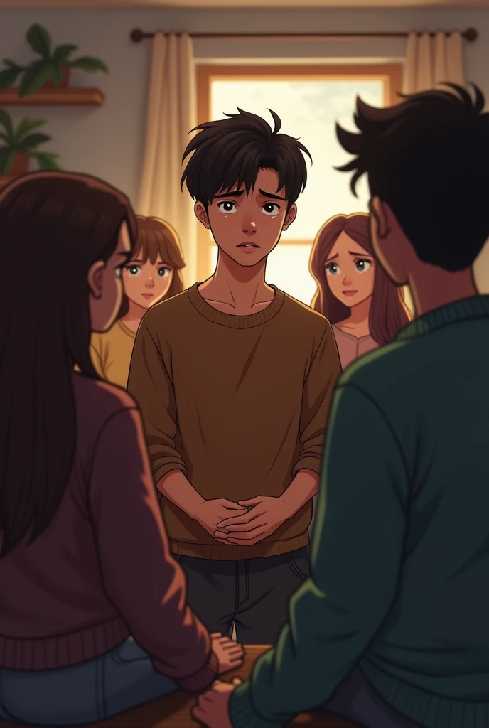 Creates a young man admitting his guilt in front of his friends