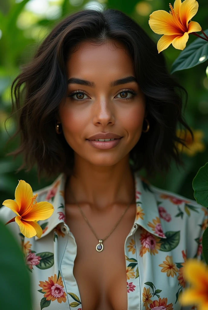 A Brazilian woman in a lush tropical garden, wearing an open shirt with a floral print, with a close-up capturing the harmonious beauty between her breasts and the natural flowers, showing off your natural charm and outgoing personality.