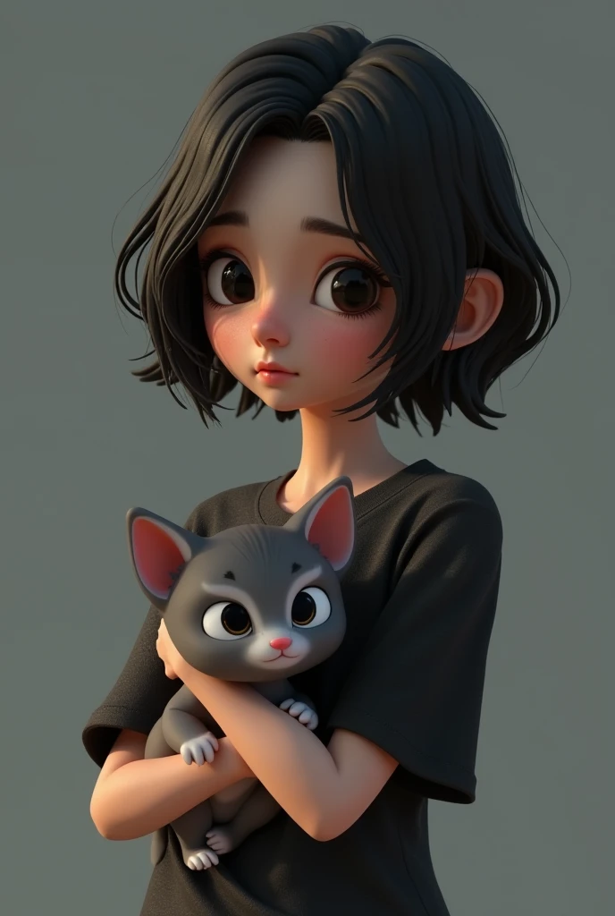 A melancholic-looking 3D girl, with short, wavy hair, black in color. Her skin is fair and she wears a black short-sleeved shirt with a stone pattern.. with a thoughtful expression. She is holding a little kitten Frajola.