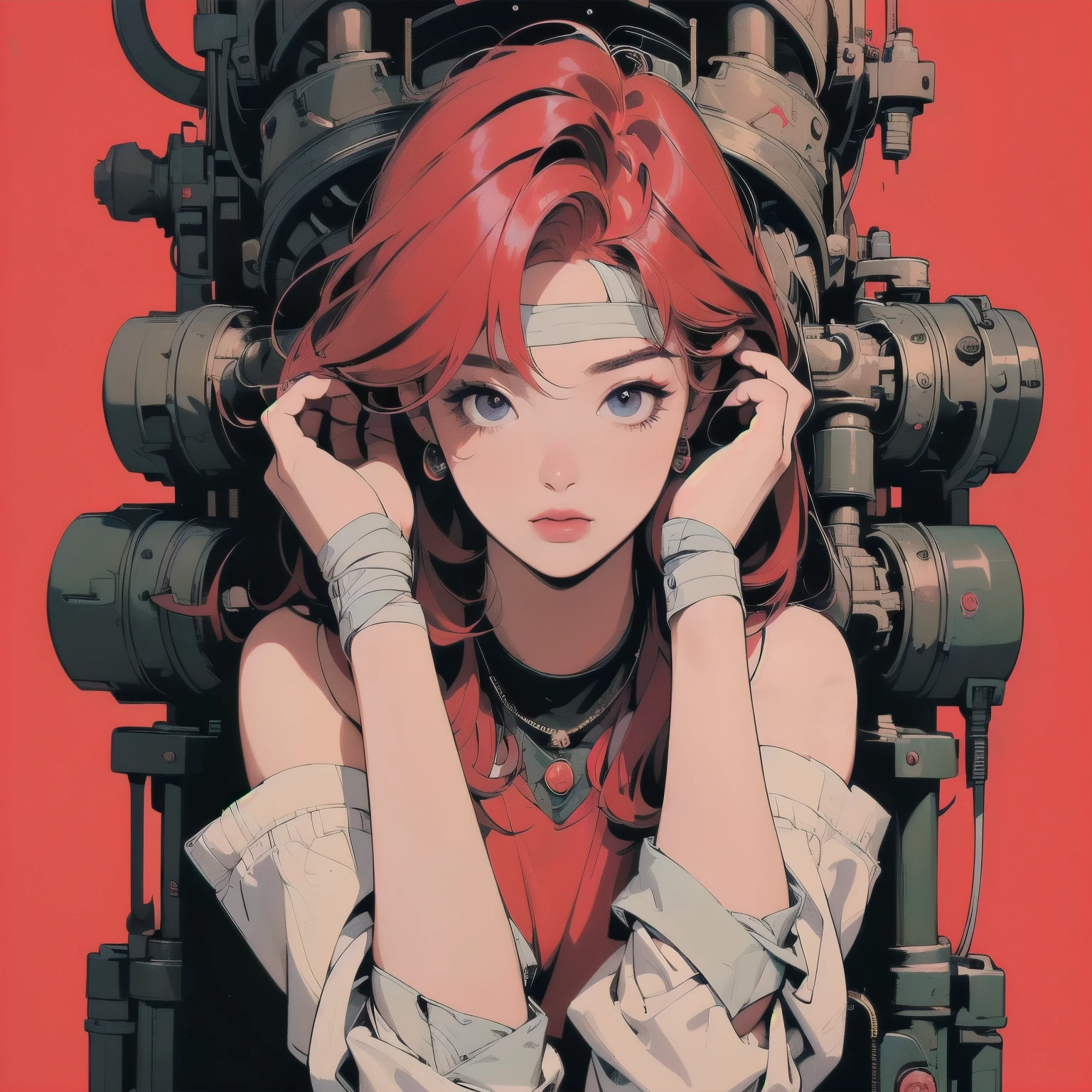 (((masterpiece, Highest quality)))、(((32K Wallpapers)))、The most detailed black machine、((Outdated black machinery and a woman)))、The most detailed background、(((small Chest)))、(((Surrounded by many complex, sophisticated, Outdated black machinery)))、Upper Body、 (one person:1.2), ((Overall colorfully))、A perfect Outdated black machinery、(((Perfect Face)))、(((The most complete Outdated black machinery)))、Detailed Hair、 (((Lots of cables)))Close-up、(((own hands together)))、(((A complex and huge engine)))、((Only red background)))、(((Head and arms bandaged with red blood)))、(((Colorful hair colors)))